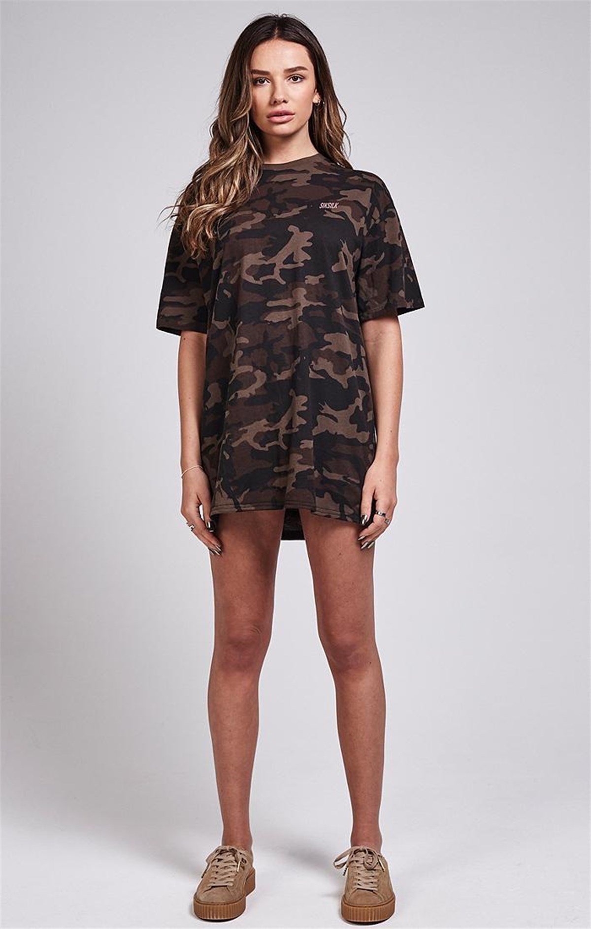 Oversize Kamuflaj Long T-Shirt Kahve-Kamuflaj