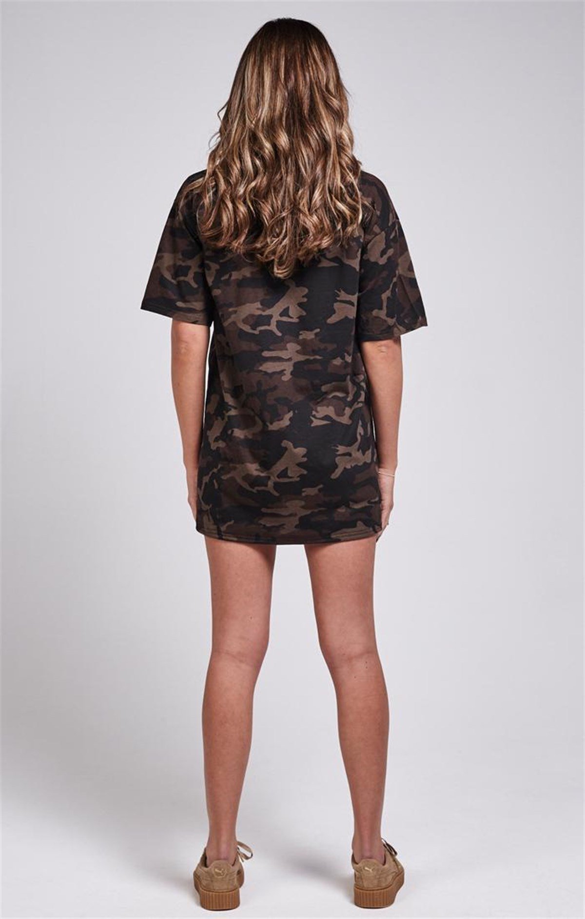 Oversize Kamuflaj Long T-Shirt Kahve-Kamuflaj