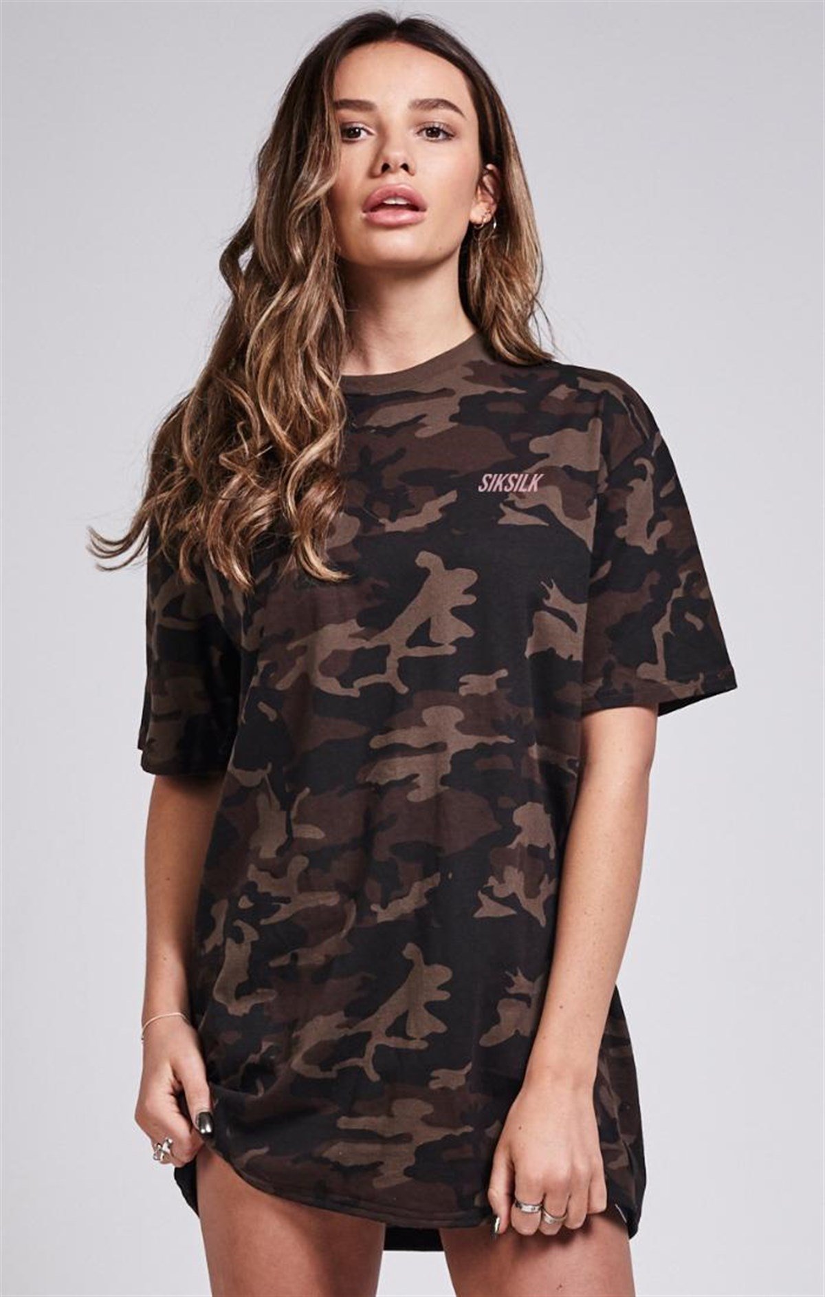 Oversize Kamuflaj Long T-Shirt Kahve-Kamuflaj