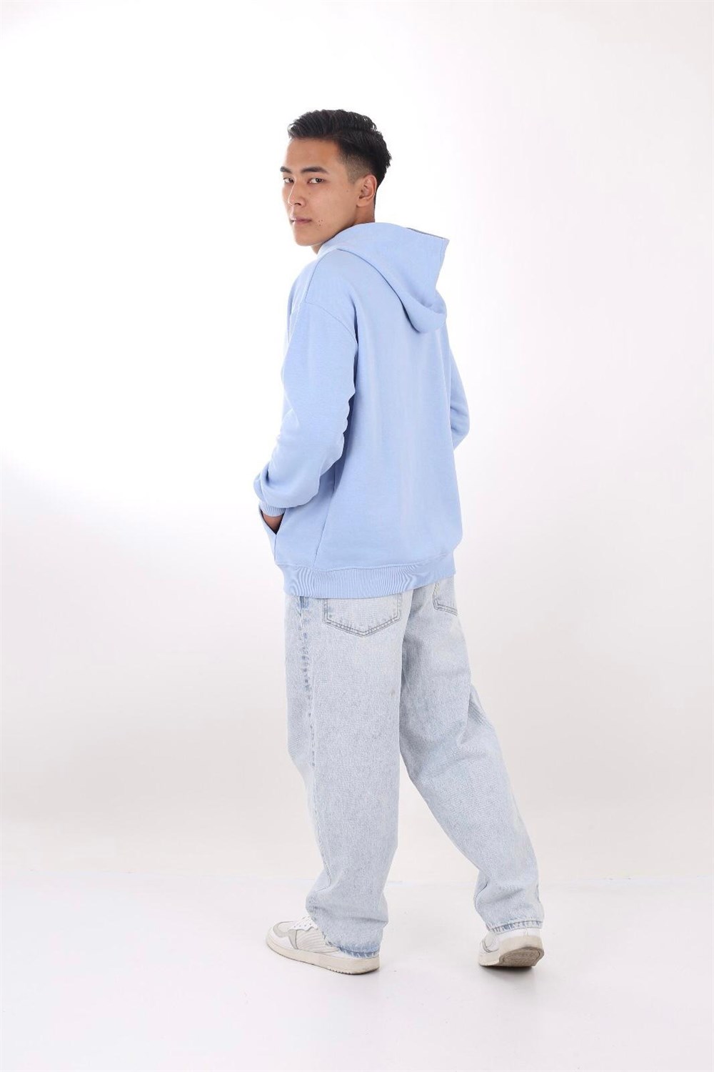 Oversize Kapşonlu Basic Sweat Mavi Açık