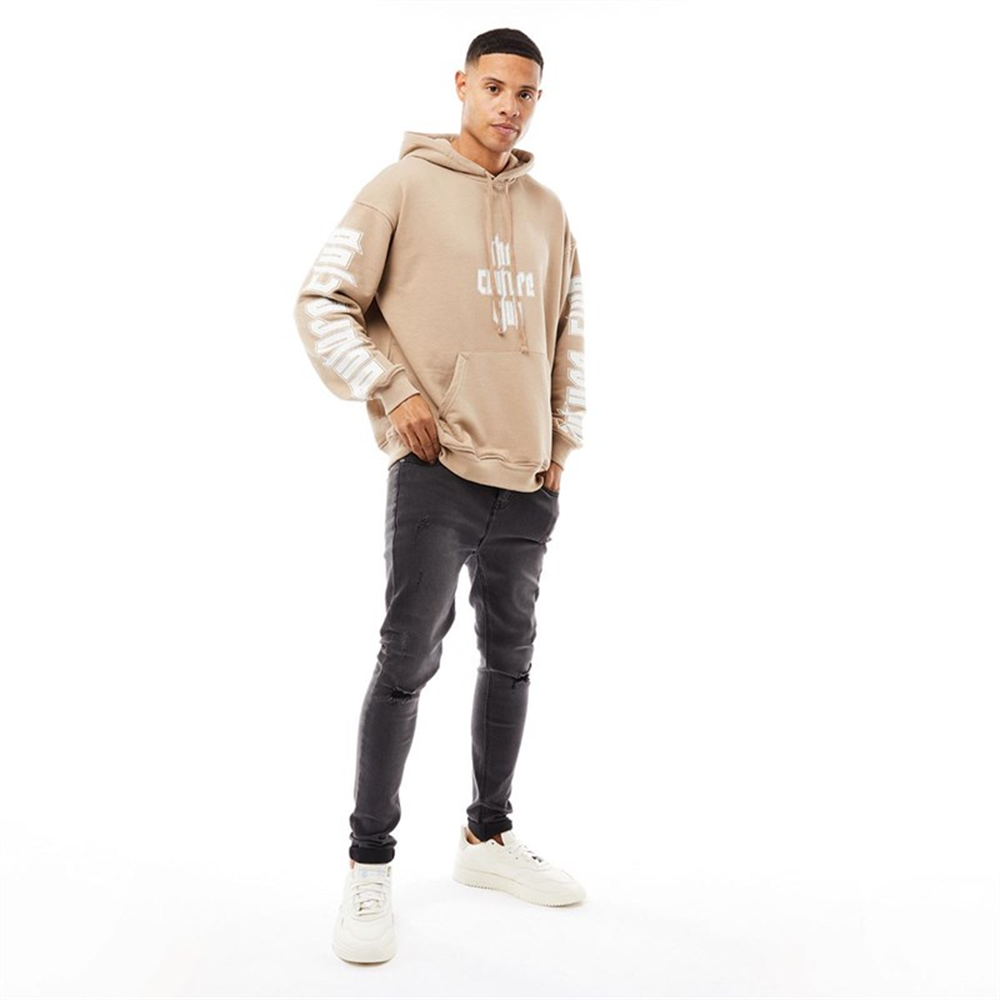 Oversize Önü Kolları Baskılı Baskılı Kapişonlu Sweat-Bej