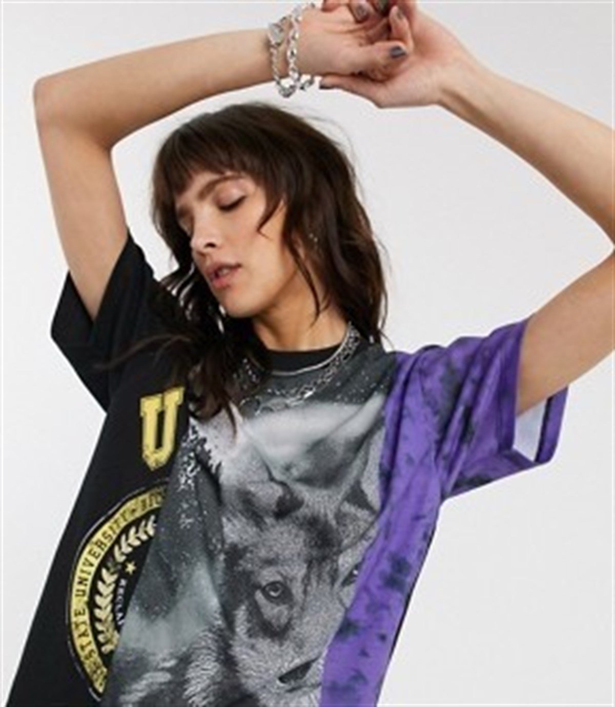 Oversize Önü Kurt BAskılı T shirt Siyah