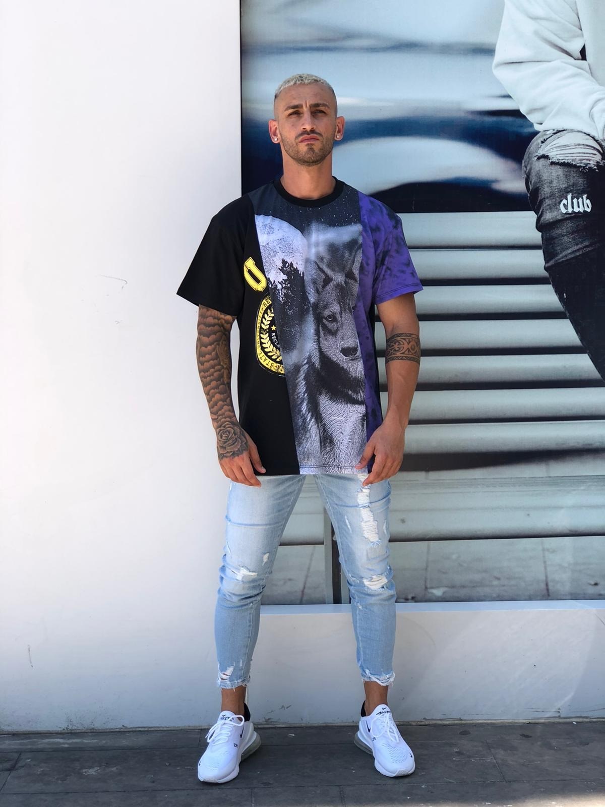 Oversize Önü Kurt BAskılı T shirt Siyah