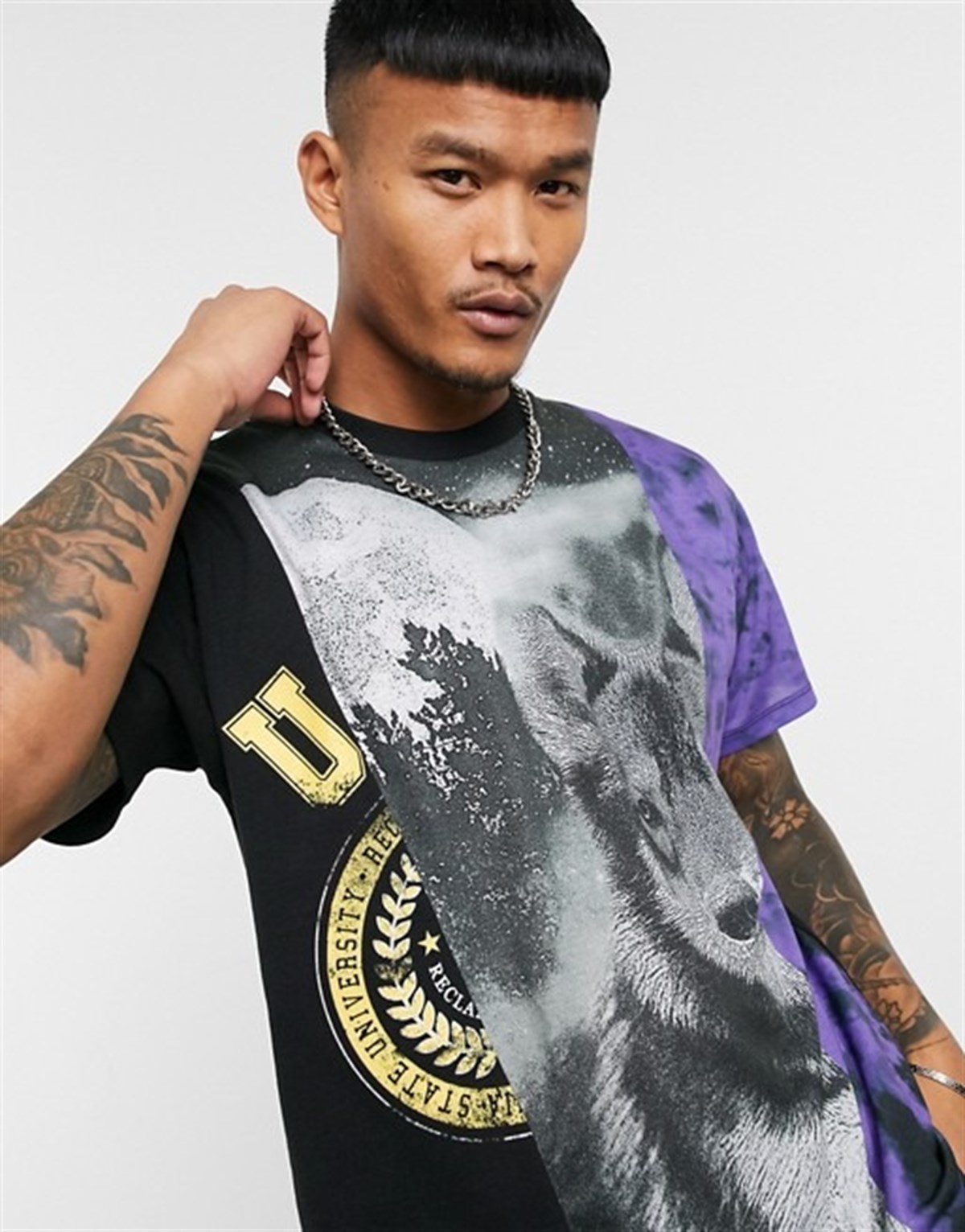 Oversize Önü Kurt BAskılı T shirt Siyah