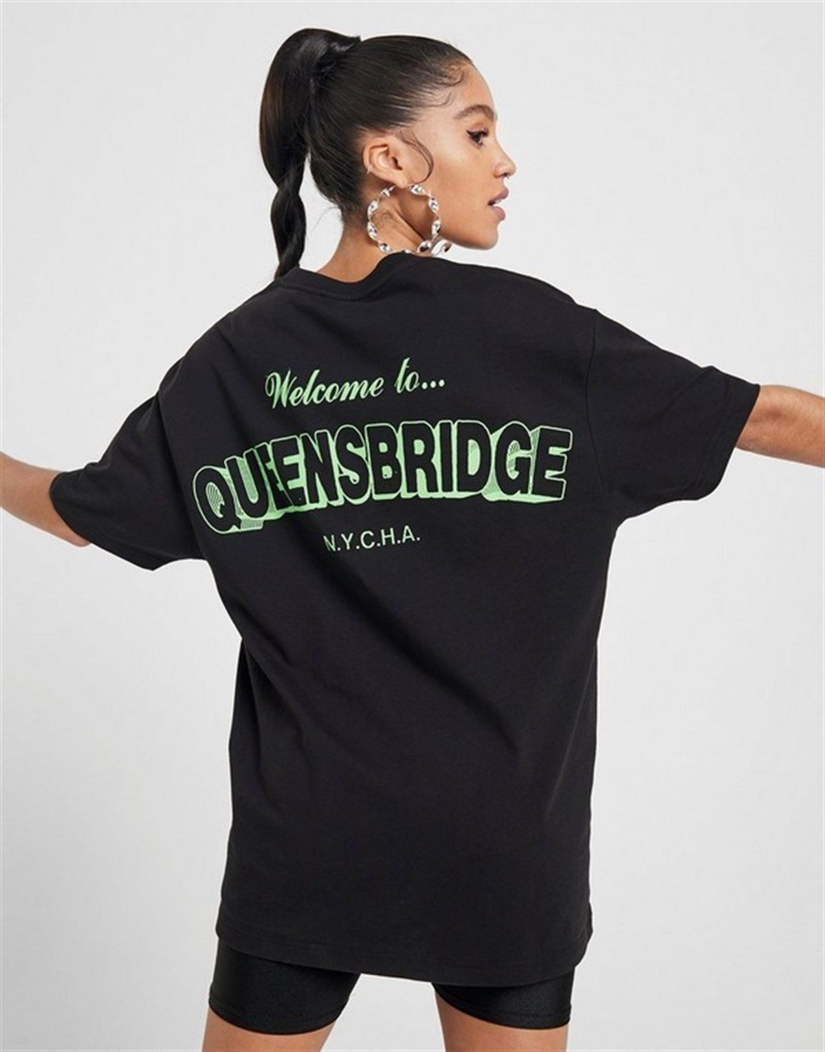 Oversize Queensbridge  Baskılı  T shirt Siyah-Yesil