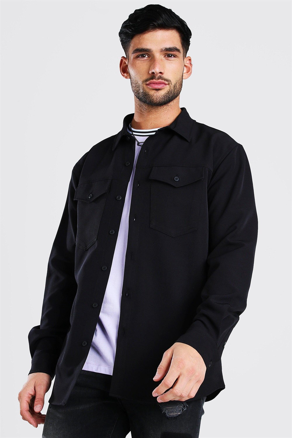 Oversize Strech Cepli Gömlek-Siyah