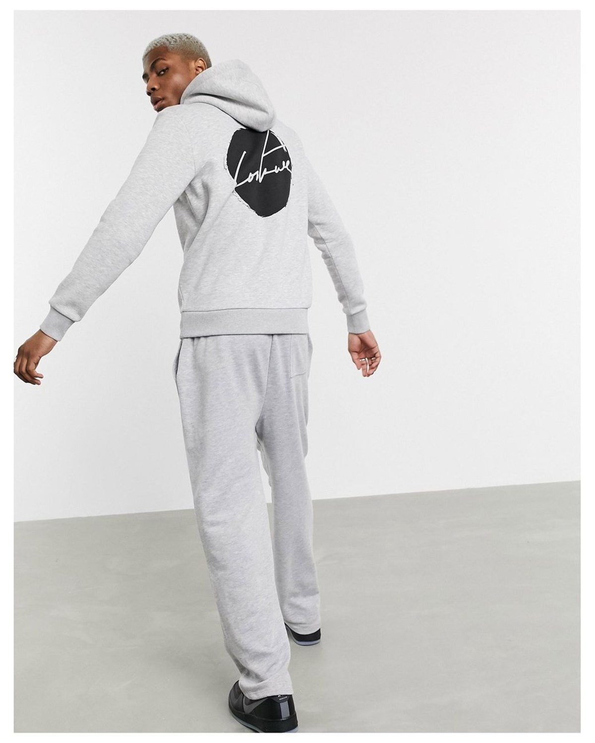 Oversize Unisex Arkası Yuvarlak Baskı Kapişonlu Sweat Gri