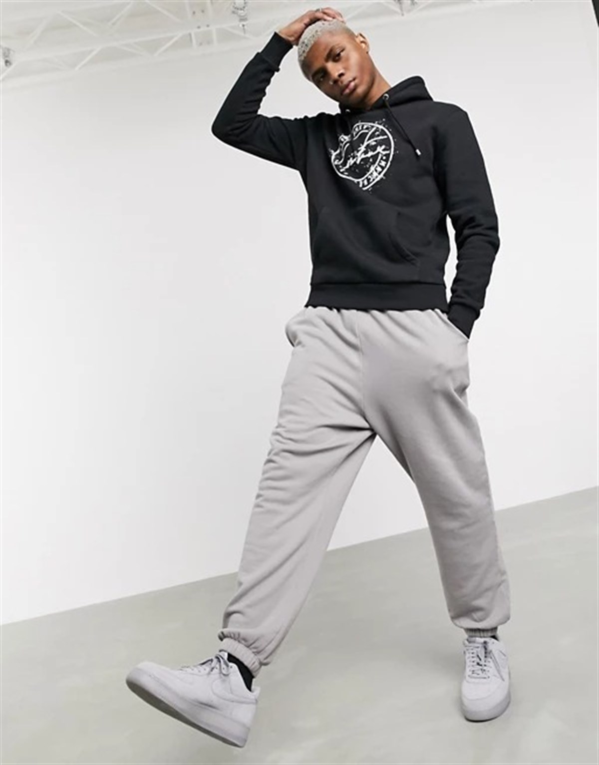 Oversize Unisex Önü  Yuvarlak Baskı Kapişonlu Sweat Siyah