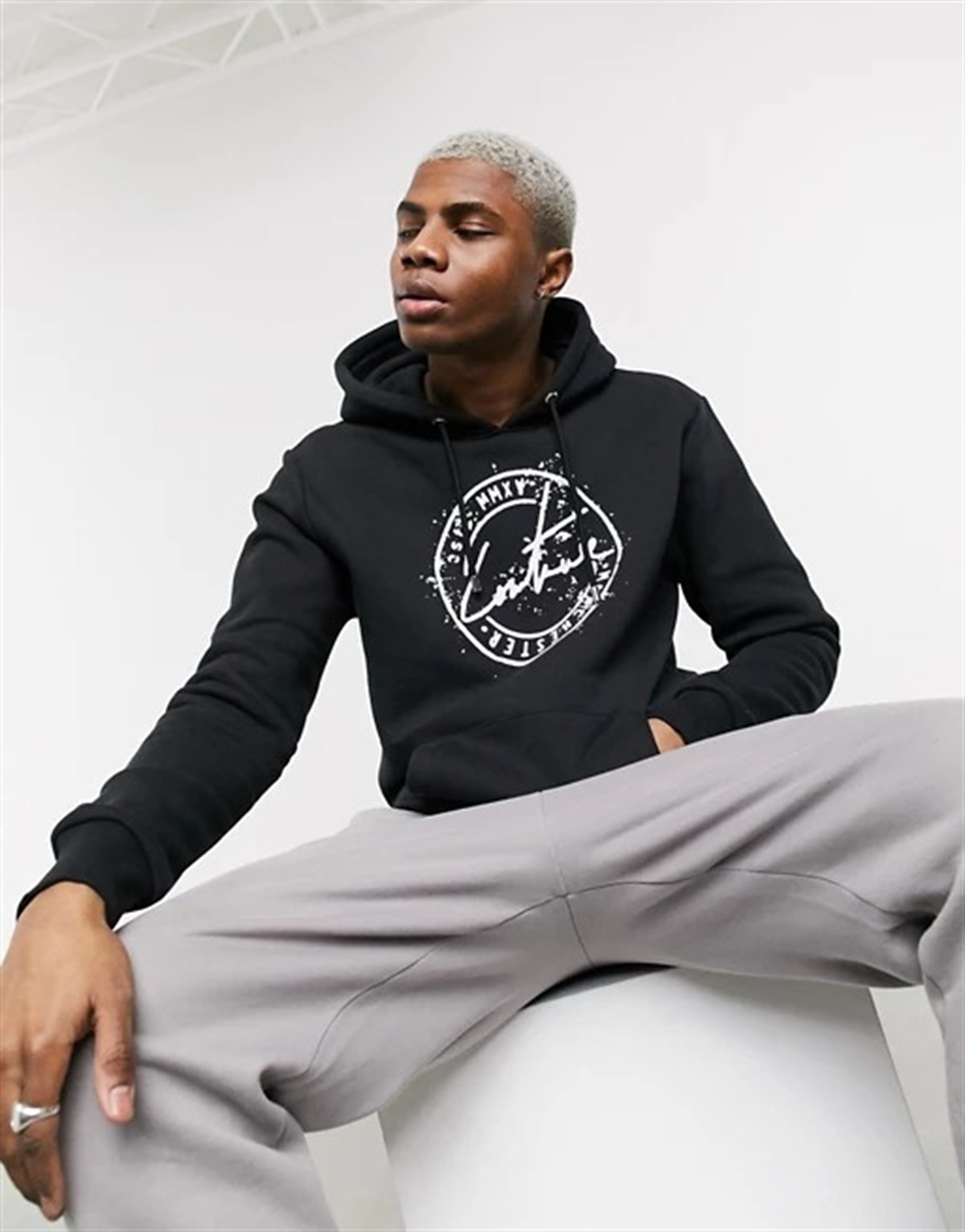 Oversize Unisex Önü  Yuvarlak Baskı Kapişonlu Sweat Siyah