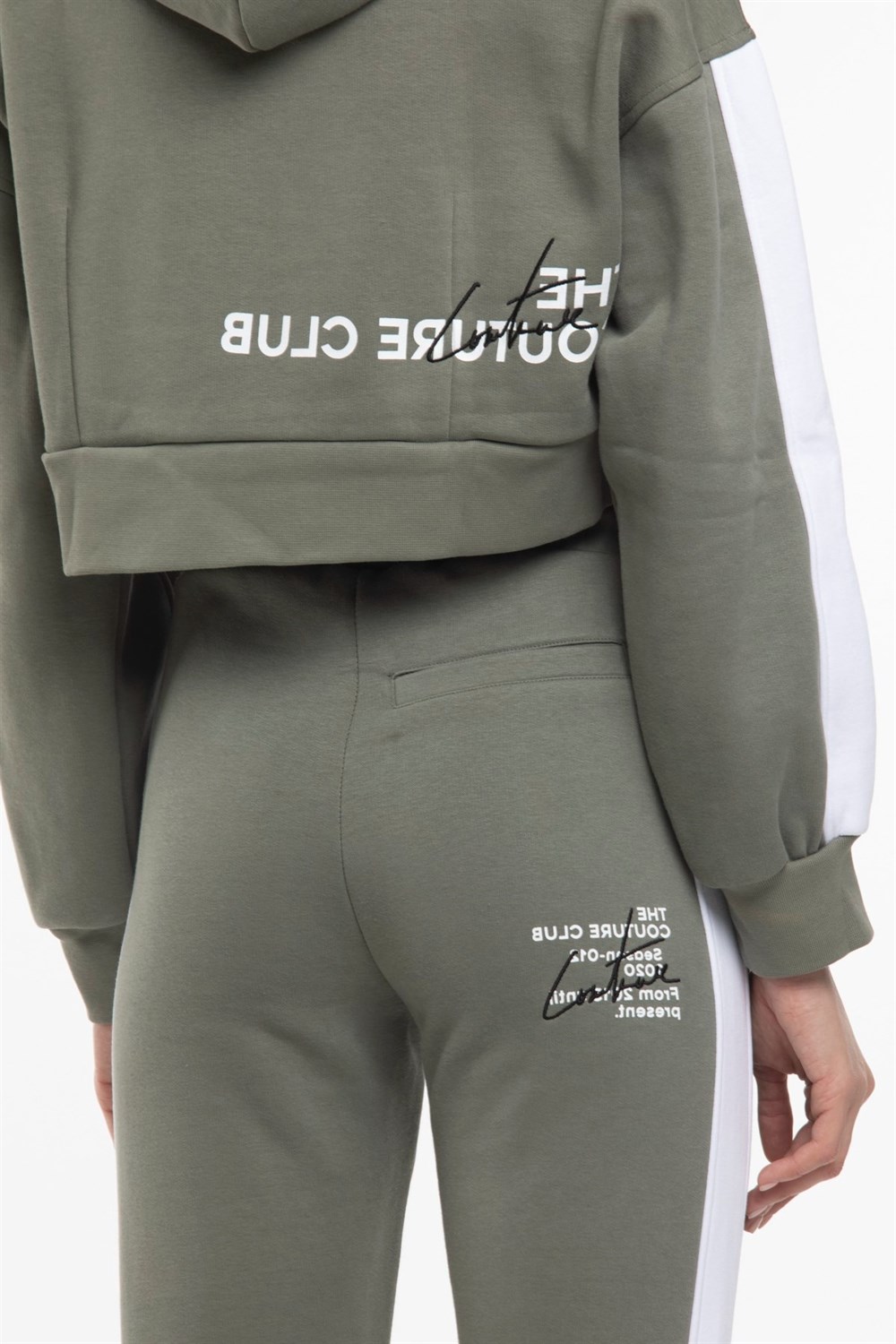 OversizeYazılı Şeritli  Kısa Crop Sweat Haki