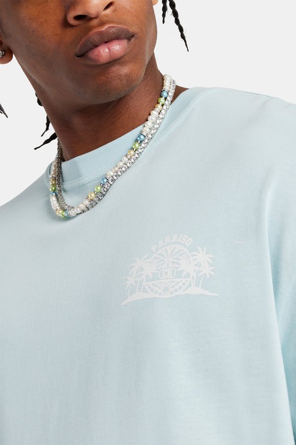 PALM PRINT T-SHIRT-Mavi Açık