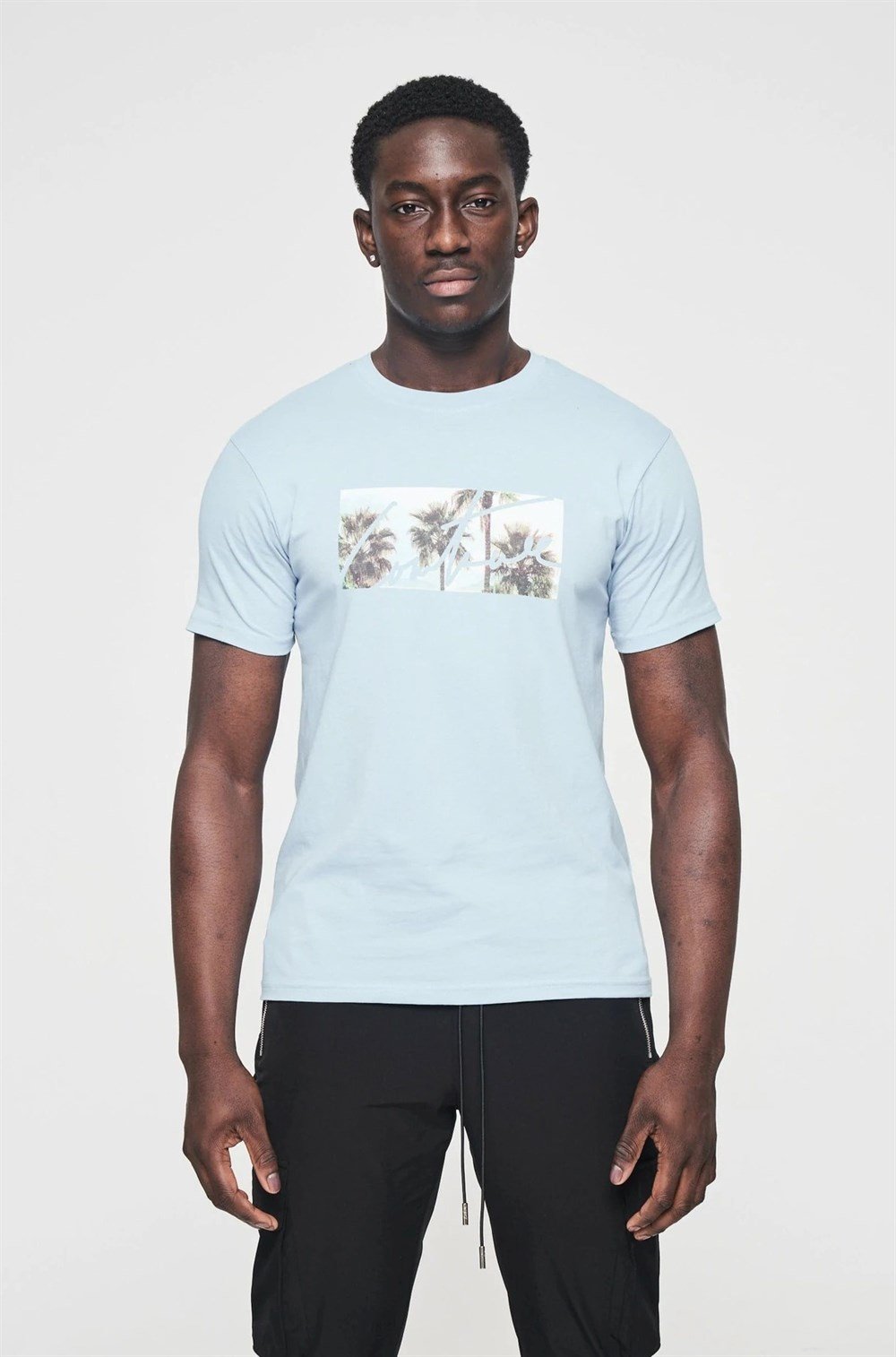 Palmiye Baskılı Slim  T shirt Mavi Açık