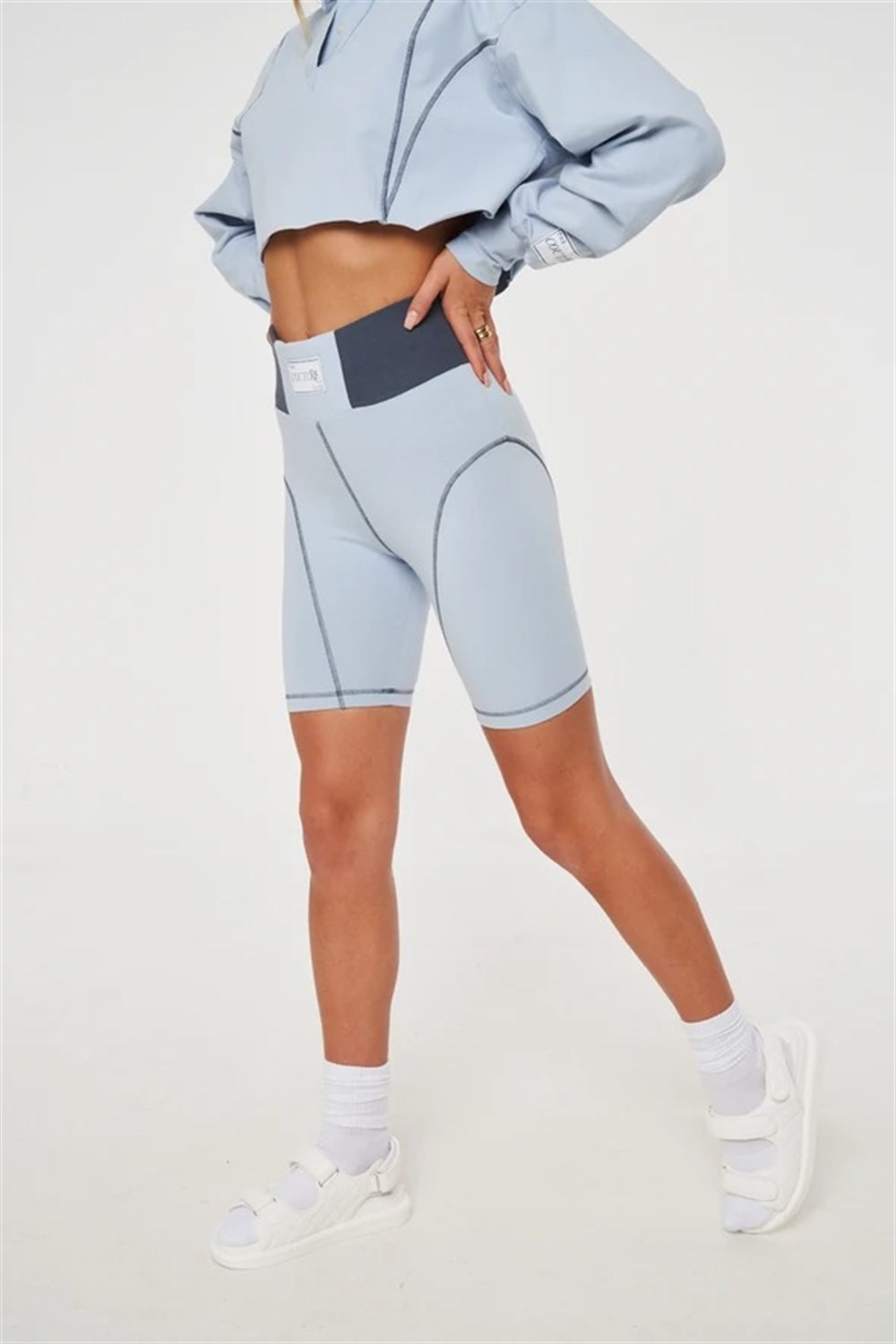 Polo Yaka Oversize Kısa Crop Sweat Mavi Açık