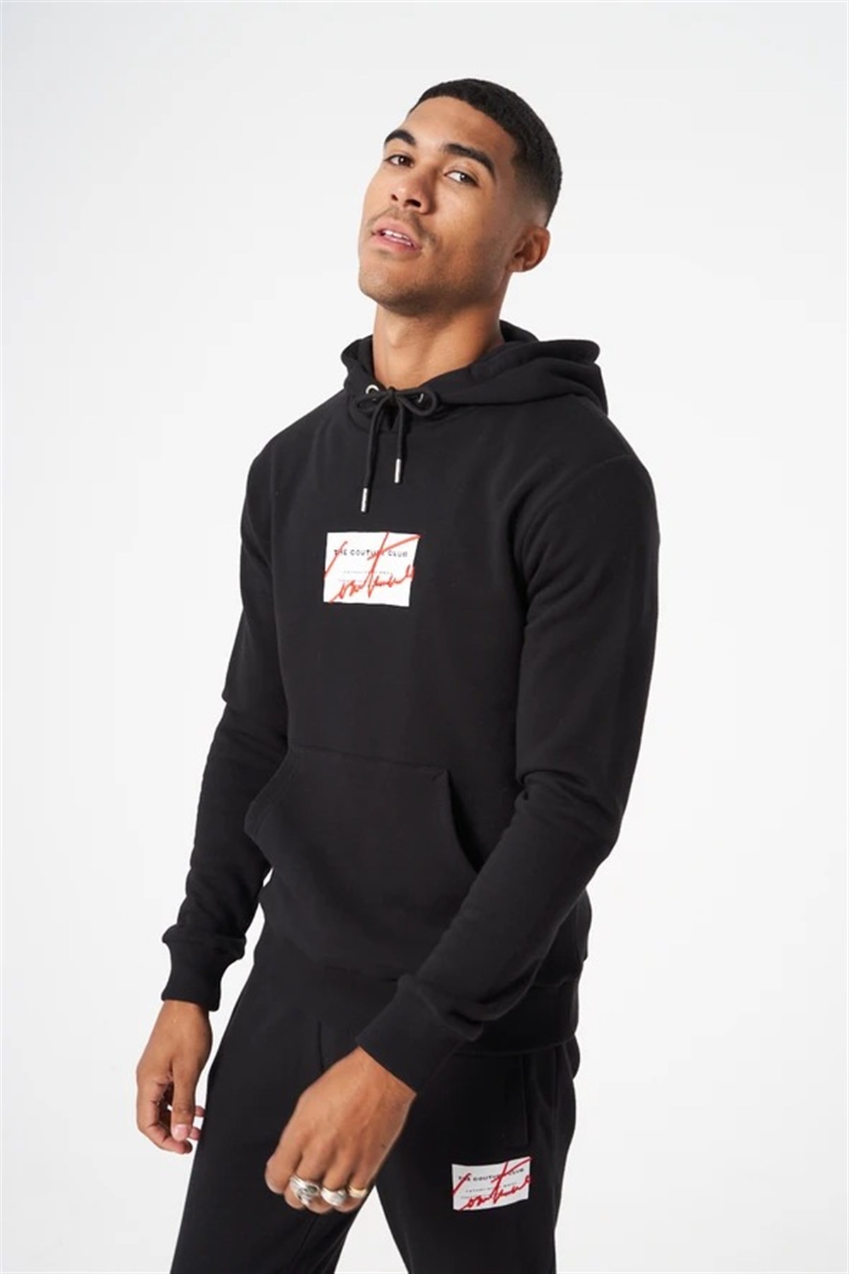 Unisex Kare Logo Kapişonlu Sweat Siyah