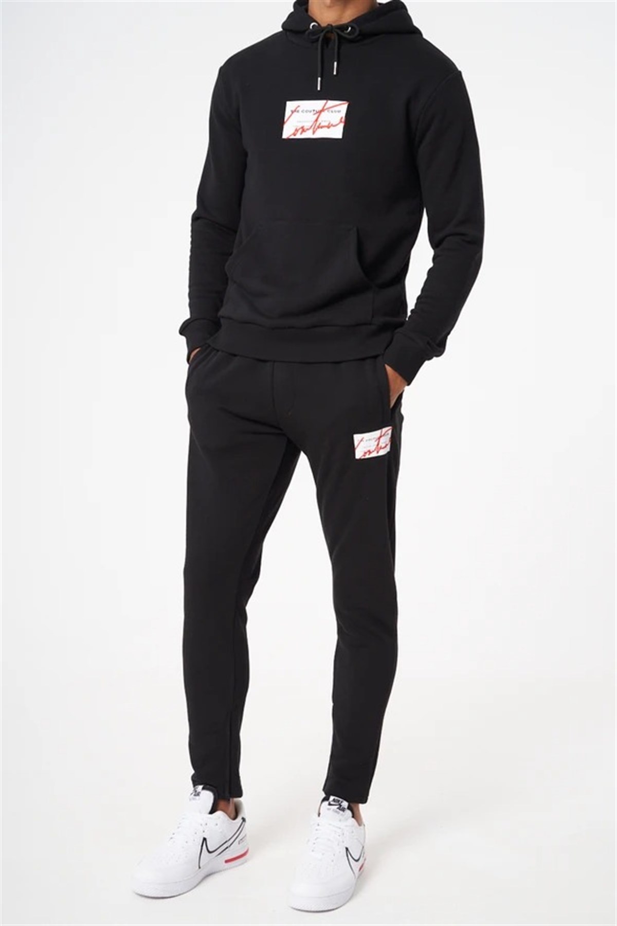 Unisex Kare Logo Kapişonlu Sweat Siyah