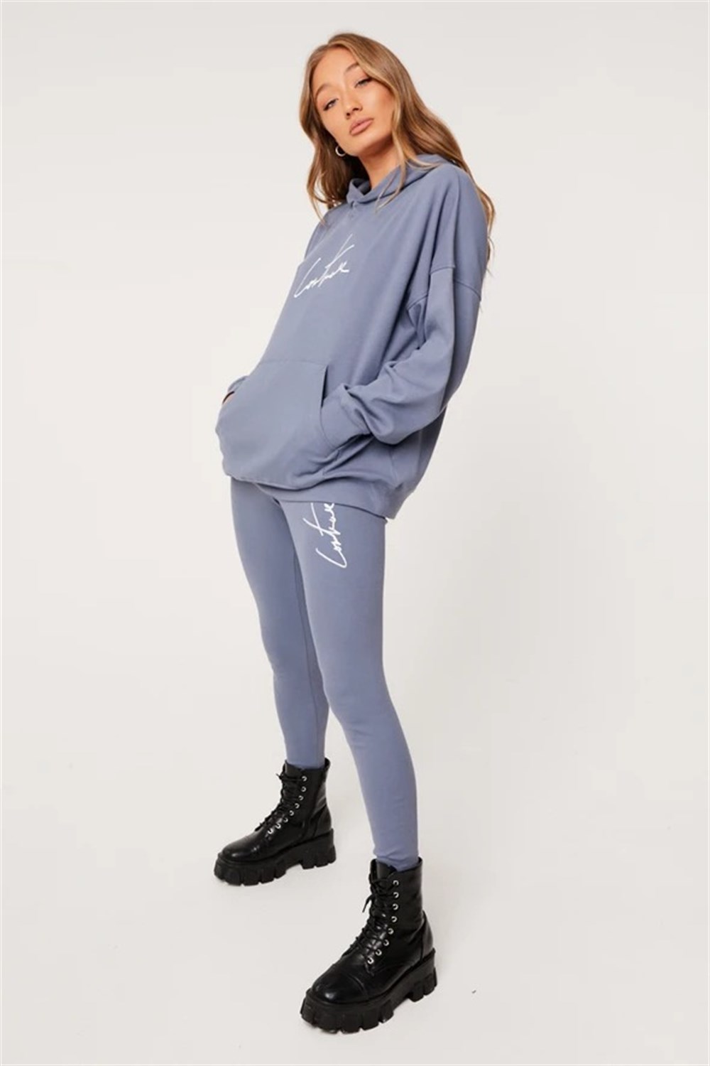 Unisex Oversize Fitilli Kumaş Sweat İndigo Mavi