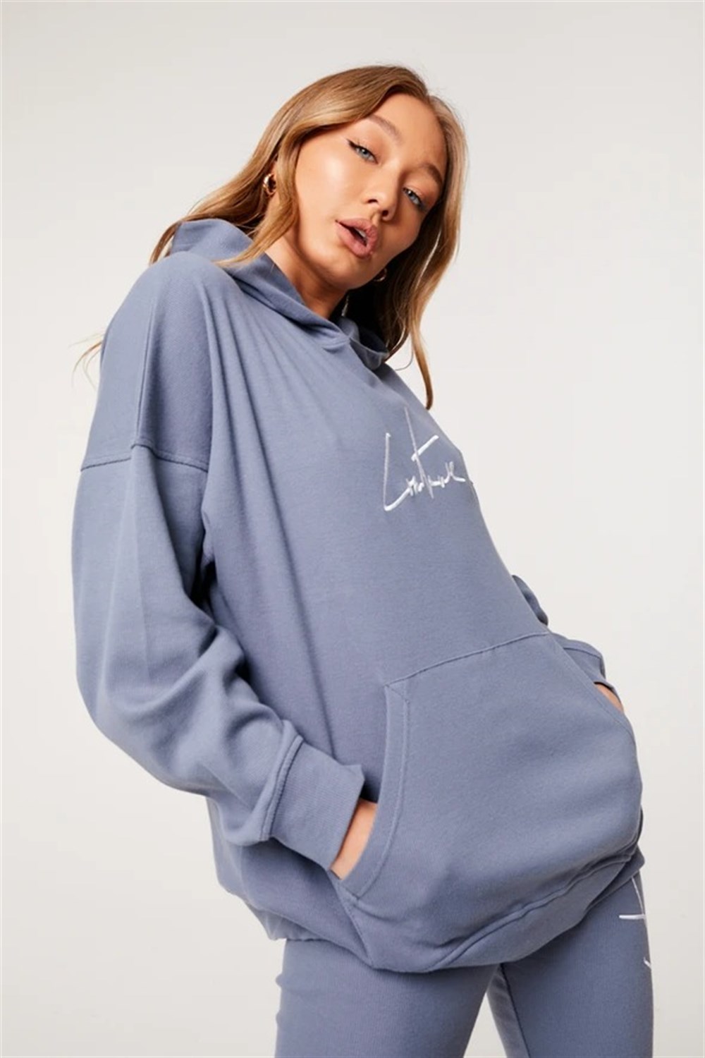 Unisex Oversize Fitilli Kumaş Sweat İndigo Mavi