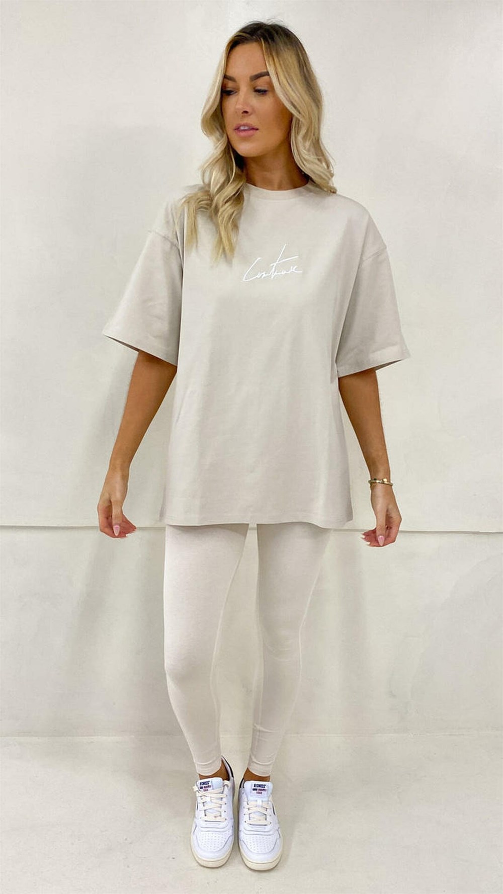 Unısex Oversize Nakışlı T shirt Krem