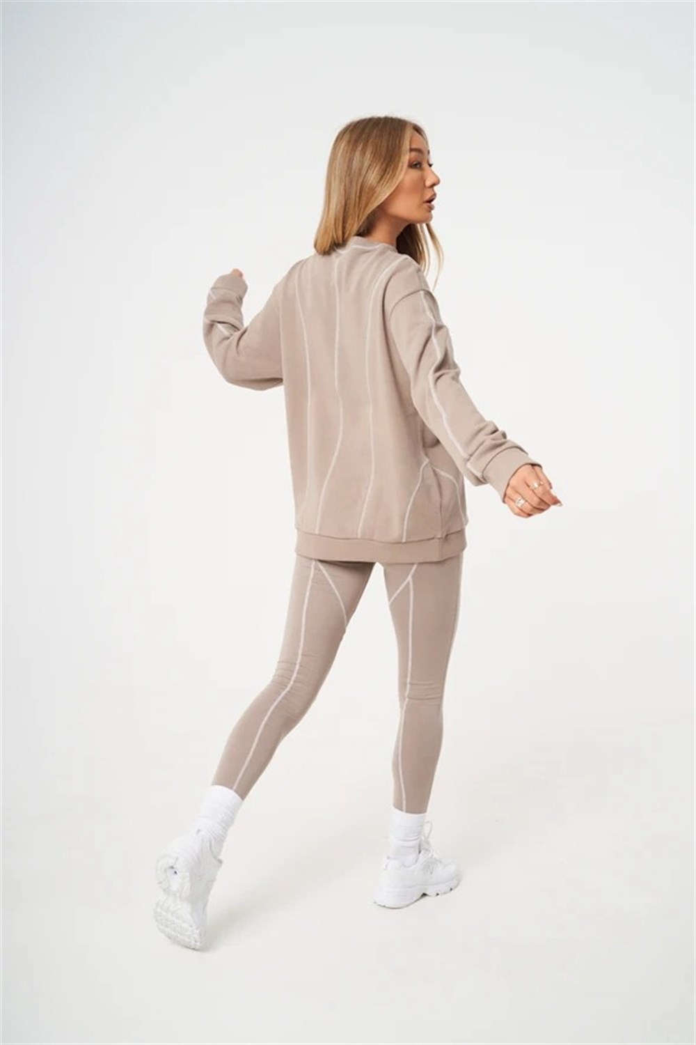 Unisex Oversize Overlock Şeritli  Sweat Bej