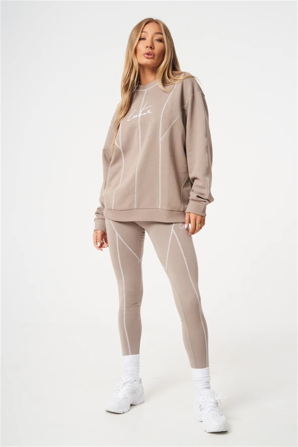 Unisex Oversize Overlock Şeritli  Sweat Bej