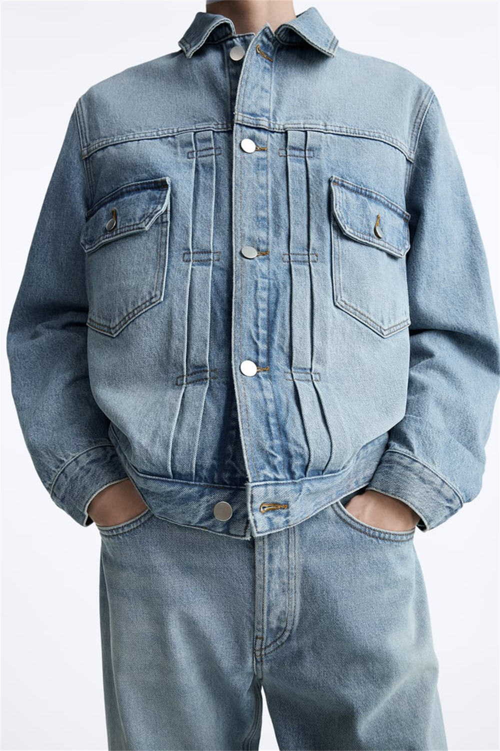 Unisex Pileli  Jean Ceket-Mavi Açık