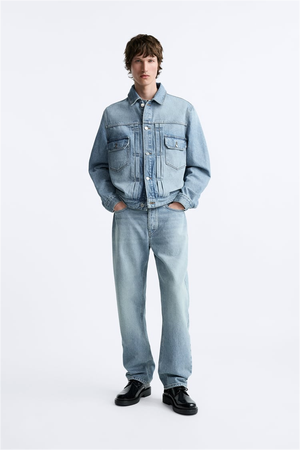 Unisex Pileli  Jean Ceket-Mavi Açık