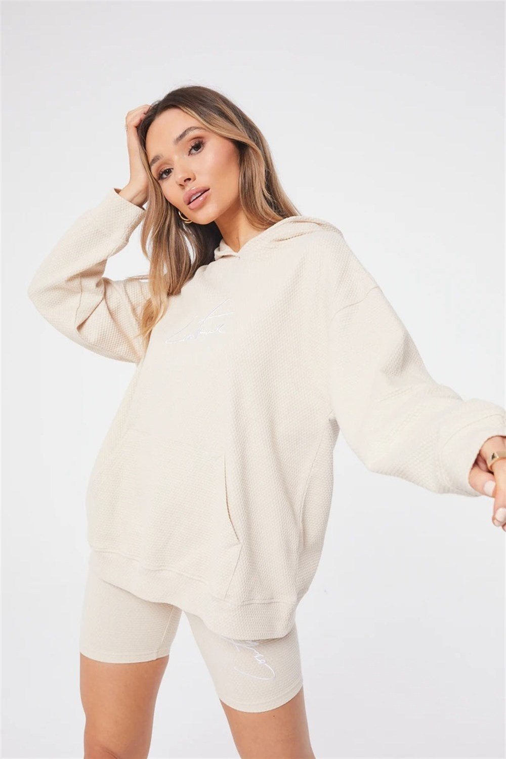 Waffle Kumaş ı Kapişonlu  Sweat Bej