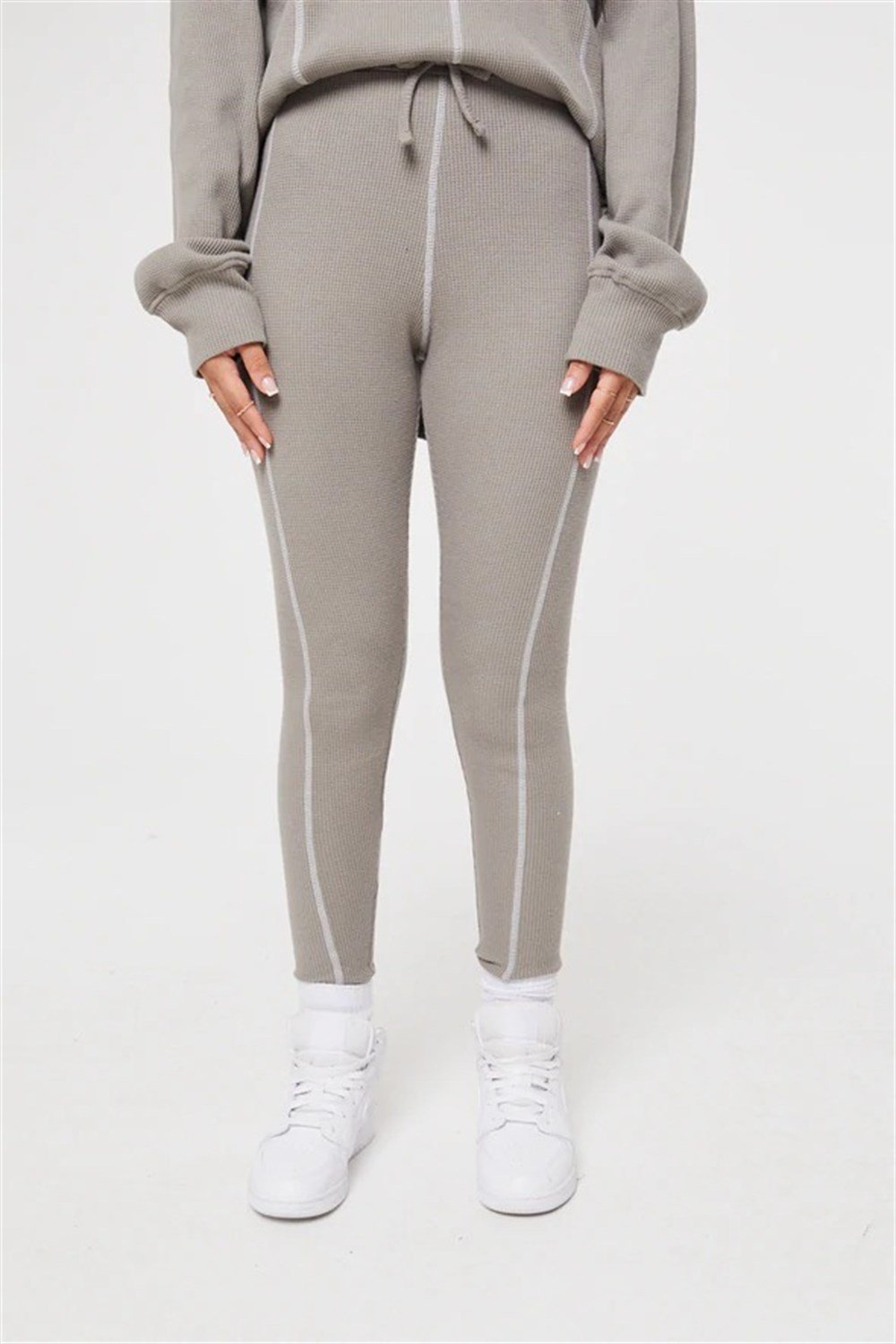 Waffle Kumaş Overlock Dikişli Tayt Bej