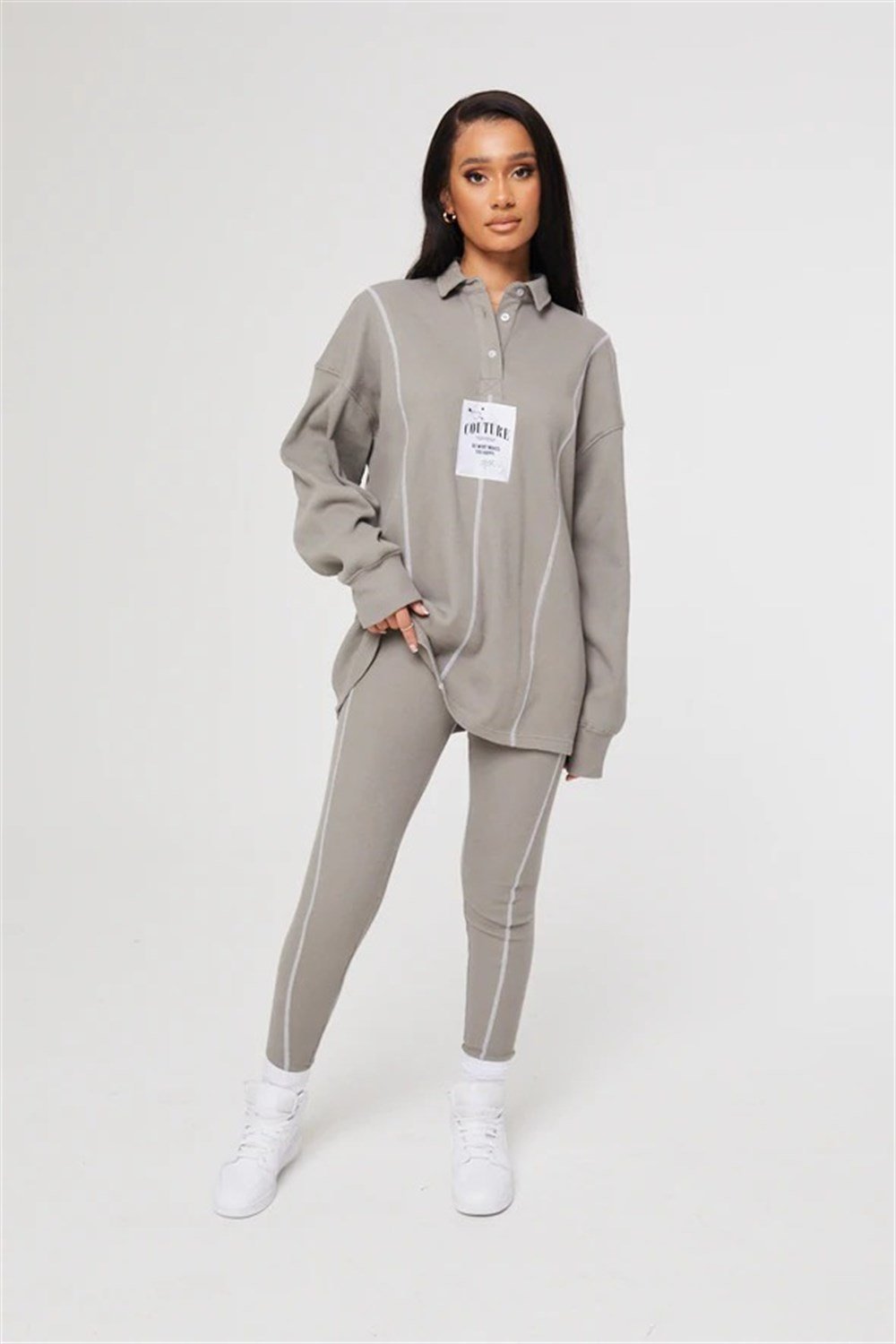 Waffle Kumaş Overlock Dikişli Tayt Bej