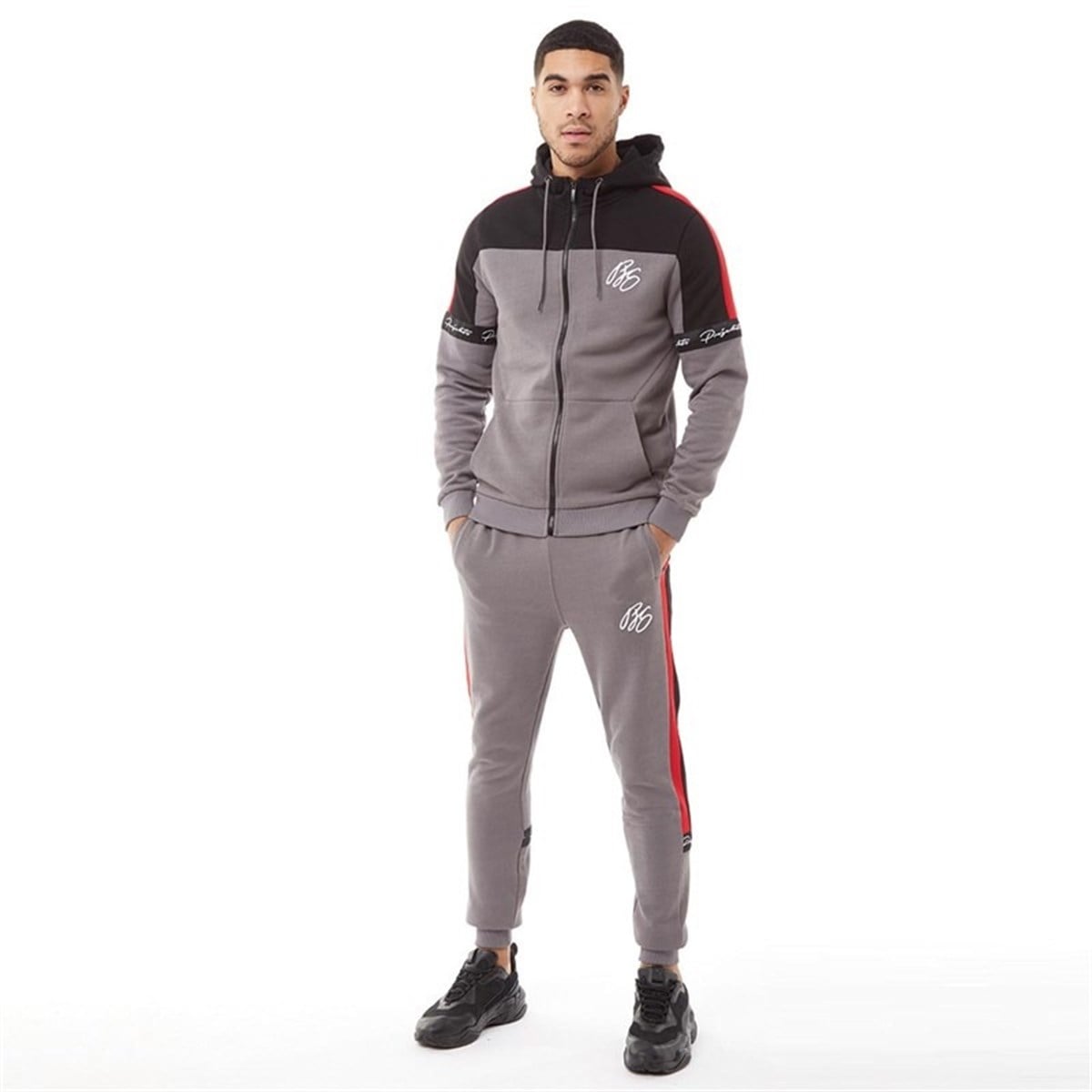 Yanları Şeritli Koton Jogger Eşofman Antrasit-Gri