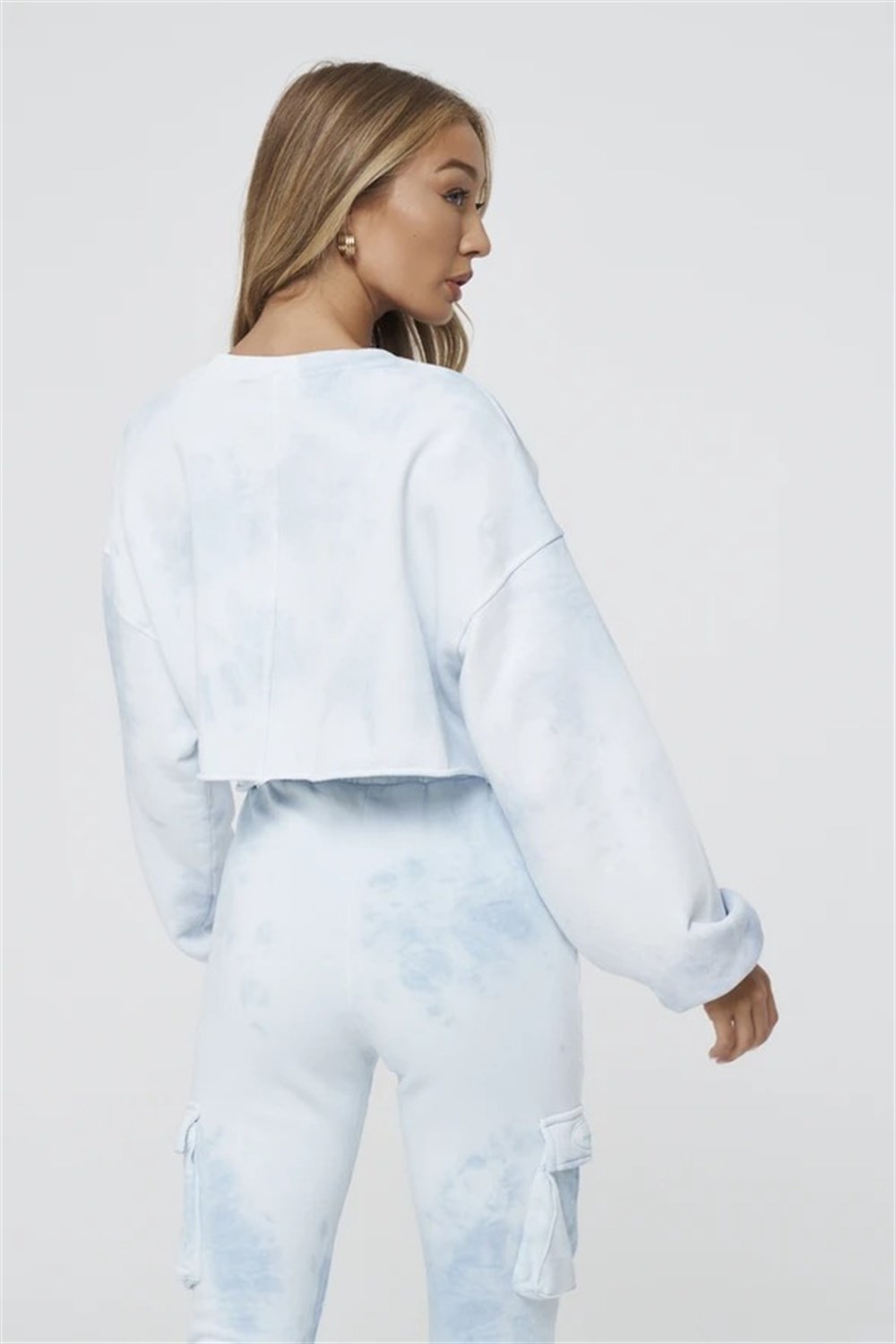 Yıkamalı Oversize Kısa Crop Sweat Mavi Açık