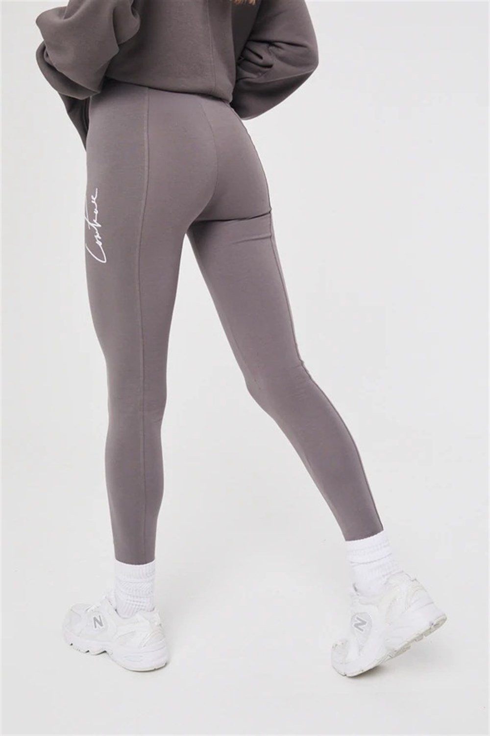 Yüksek Bel İmza Nakışlı Dikişli Tayt Vizon