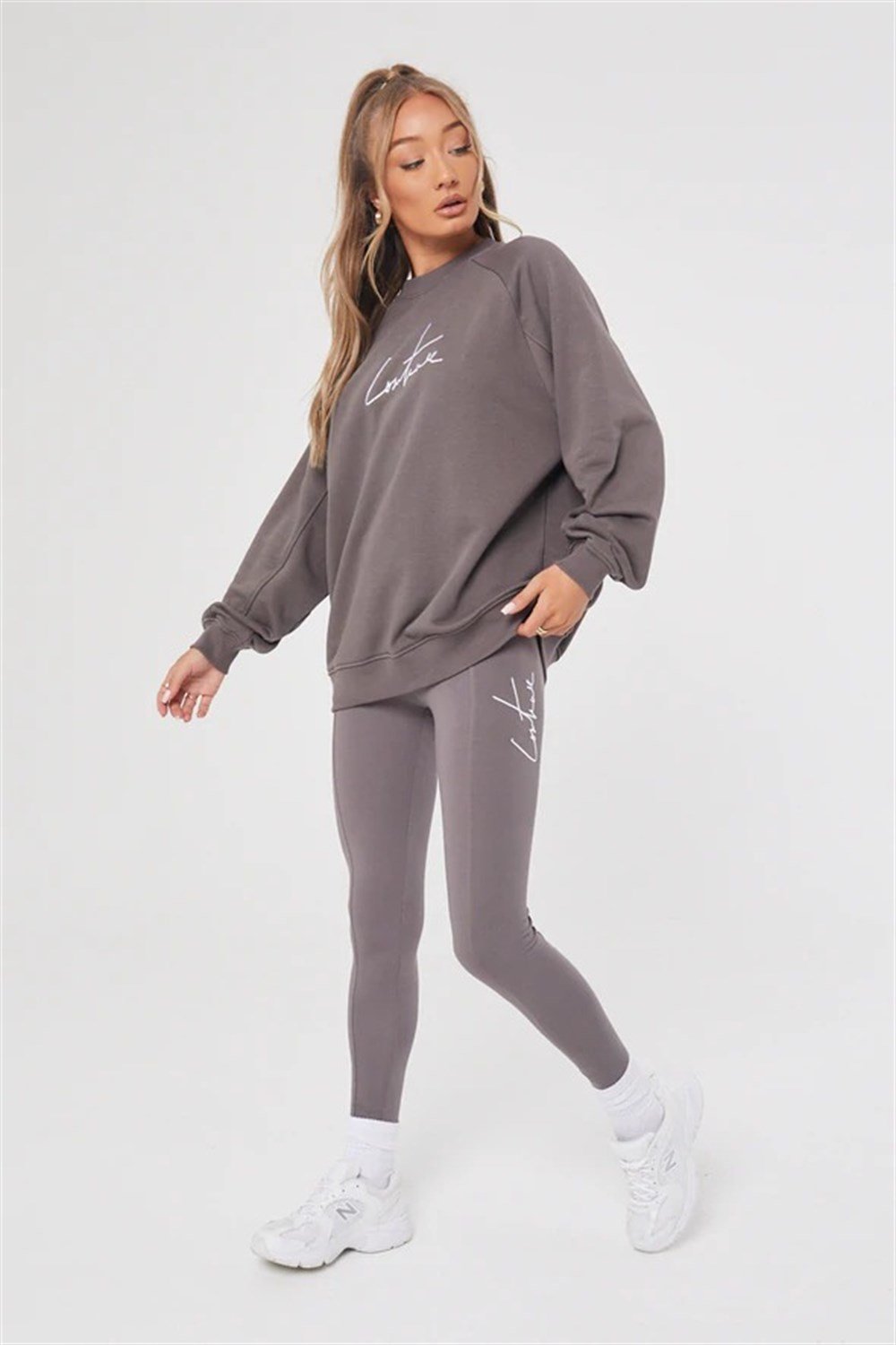 Yüksek Bel İmza Nakışlı Dikişli Tayt Vizon