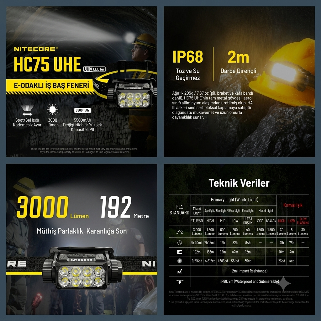 NITECORE HC75UHE 3000 LUMEN KAFA FENERI
