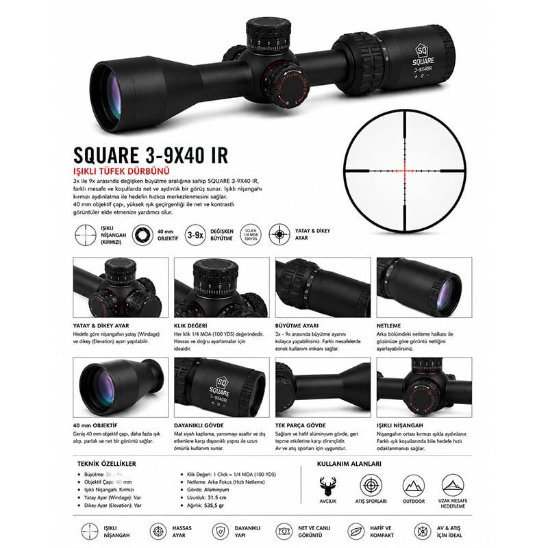 SQUARE 3-9X40 IR ISIKLI TUFEK DURBUNU