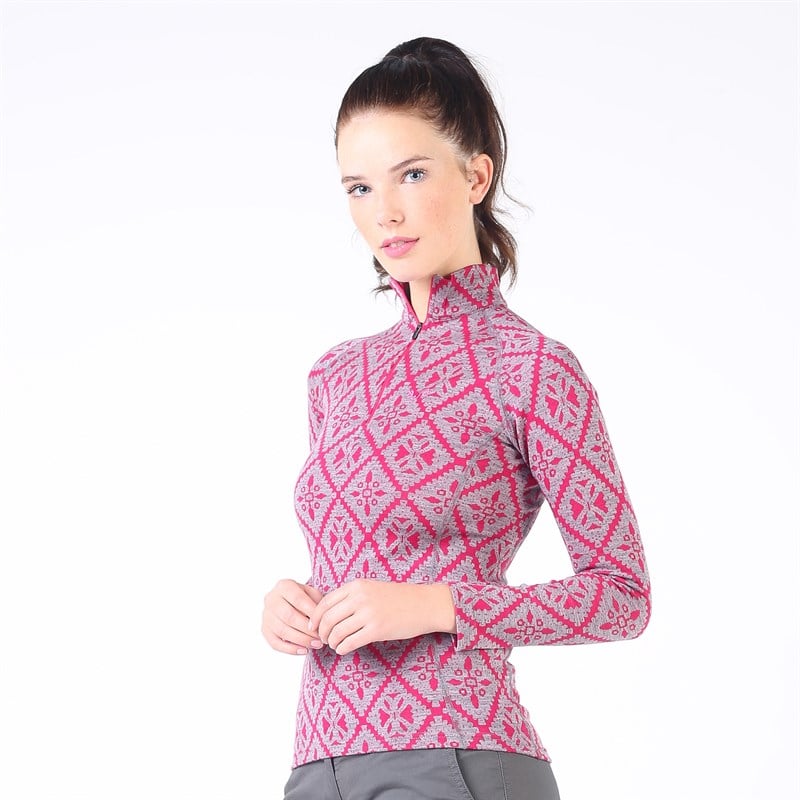 Woolona Venüs Kadın Pembe-Gri Uzun Kollu Fermuarlı %100 Yün Termal İçlik