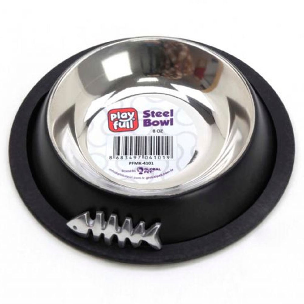 Playfull Balık Desenli Siyah Çelik Mama ve Su Kabı 8 Oz PFMK-4101 8683497041019 Amazon Pet Center