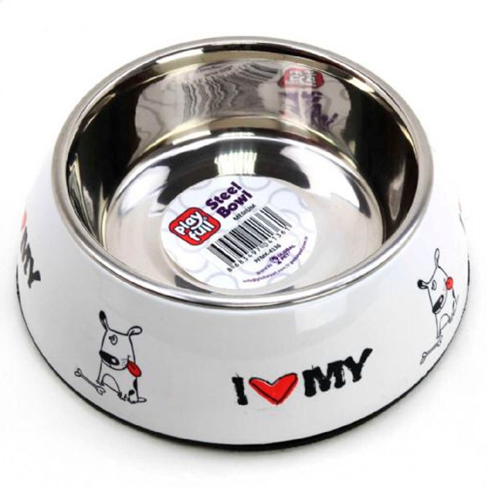 Playfull Desenli Beyaz Plastik Çerçeve İçinde Çelik Mama ve Su Kabı Kauçuk Tabanlı Medium PFMK-4136 8683497041361 Amazon Pet Center