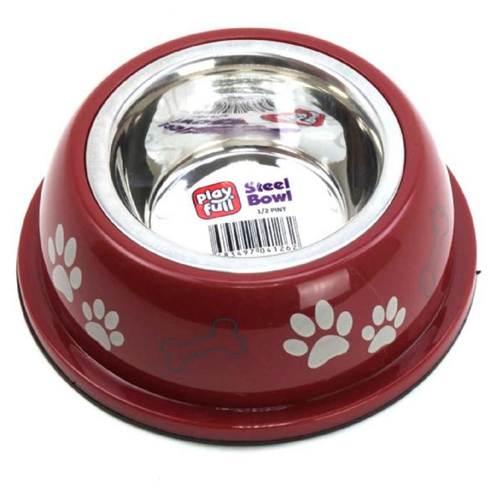 Playfull Pati ve Kemik Desenli Plastik Çerçeve İçinde Çelik Mama ve Su Kabı Kauçuk Tabanlı 1/2 Pint PFMK-4126 8683497041262 Amazon Pet Center