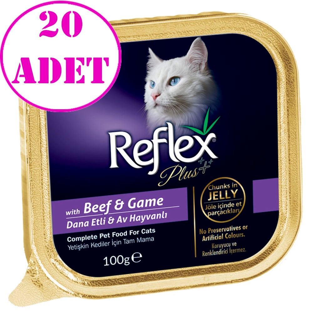 Reflex Plus Jöle İçinde Dana Etli ve Av Hayvanlı Parça Etli Yetişkin Kedi Konservesi 100gr 20 AD 32128116 Amazon Pet Center