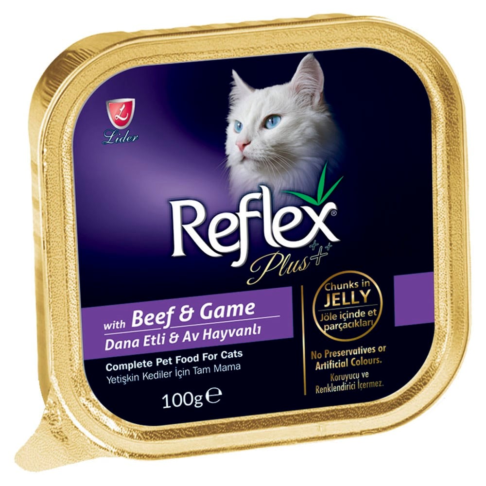 Reflex Plus Jöle İçinde Dana Etli ve Av Hayvanlı Parça Etli Yetişkin Kedi Konservesi 100gr 8698995012485 Amazon Pet Center
