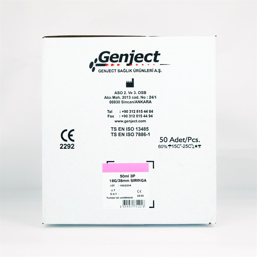 Genject 50 CC 3 Parça (CONTALI) Pembe Enjektör 50'li Paket