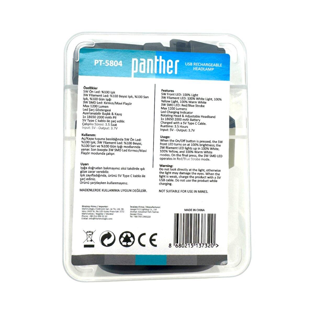 PANTHER PT-5804 USB ŞARJLI KAFA LAMBASI