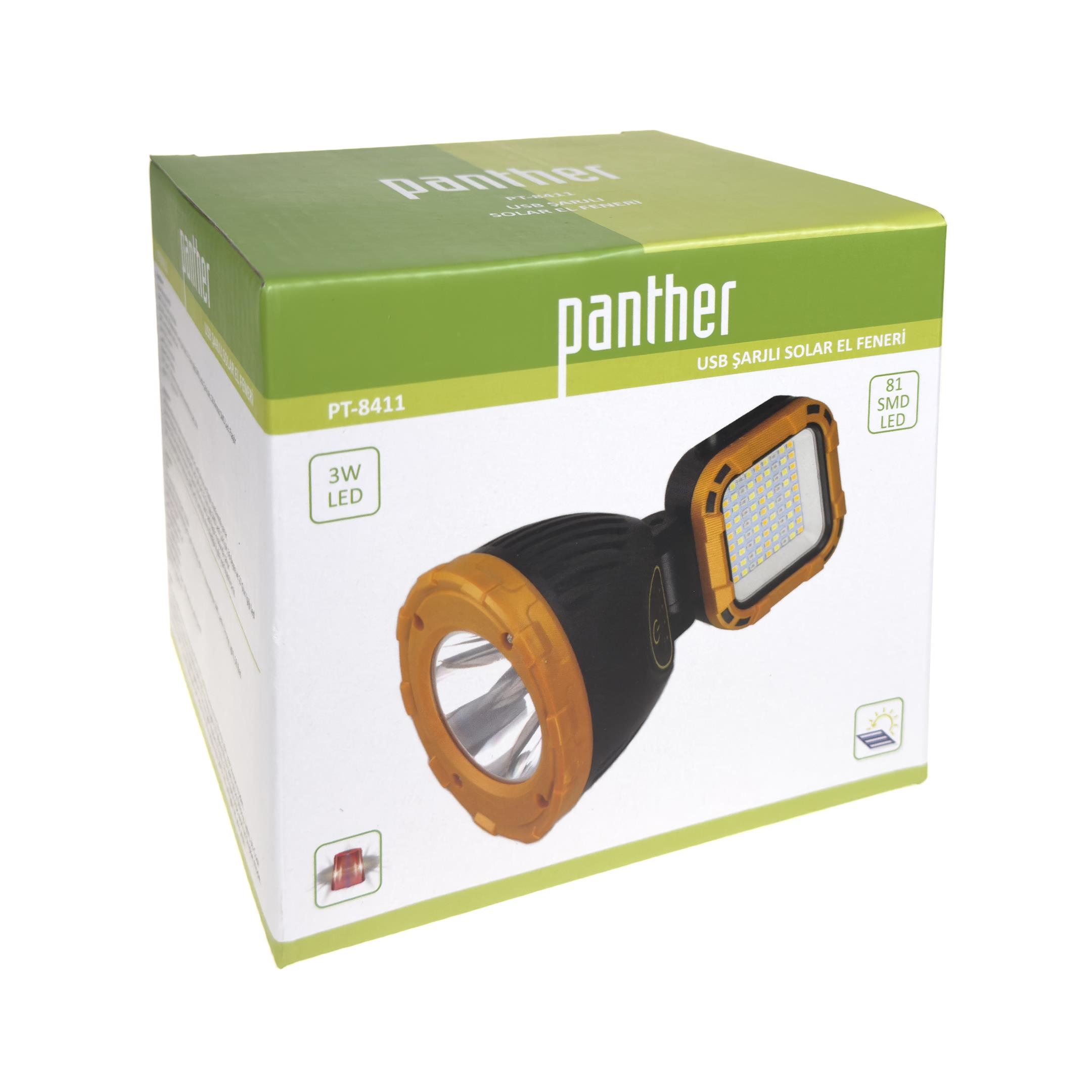 PANTHER PT-8411 USB ŞARJLI SOLAR EL FENERİ