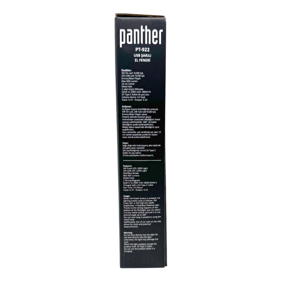 PANTHER PT-922 USB ŞARJLI EL FENERİ