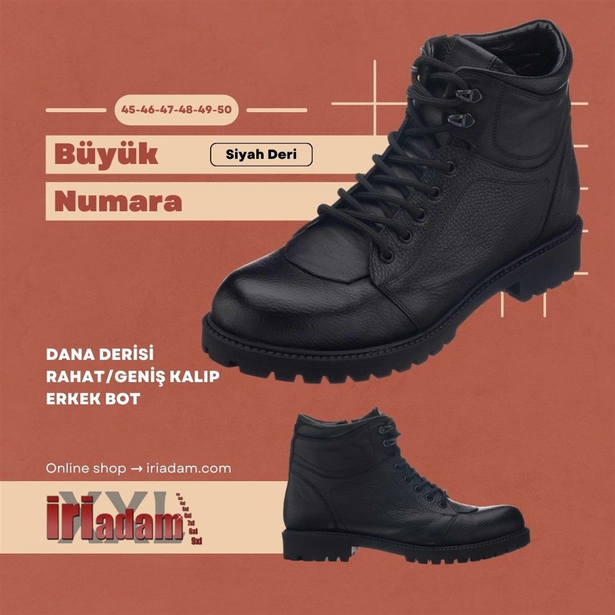 45 Numara 46 numara 47 Numara 48 numara 49 numara 50 numara Büyük Numara Fermuarlı Deri Erkek Bot - YN2022 Siyah