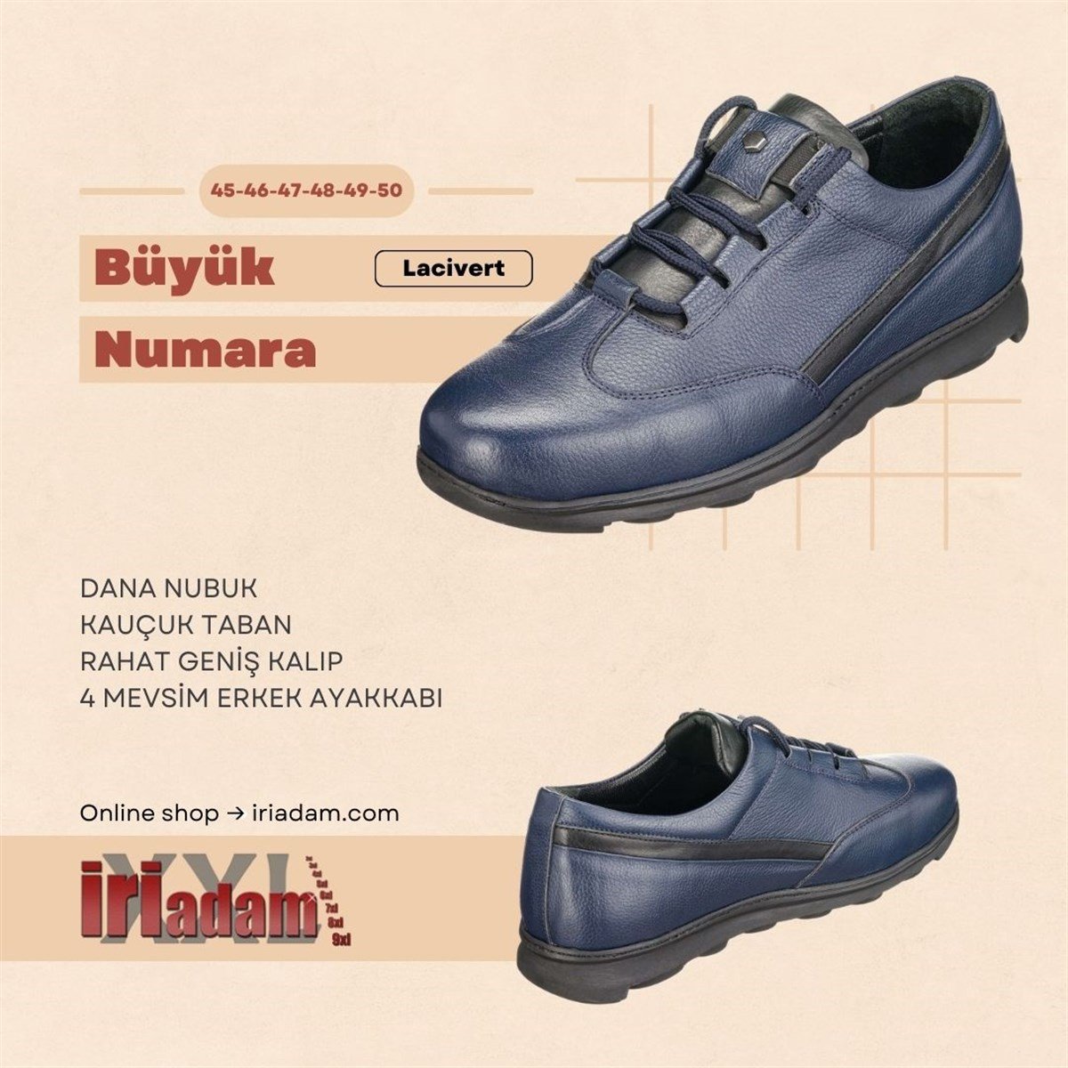 Lacivert Deri502, iriadam, 45 46 47 48 49 50 numara erkek günlük deri ayakkabı, büyük beden ayakkabı, büyük numara oxford casual günlük ayakkabı, büyük beden geniş kalıp kaliteli deri ayakkabı, uygun fiyat