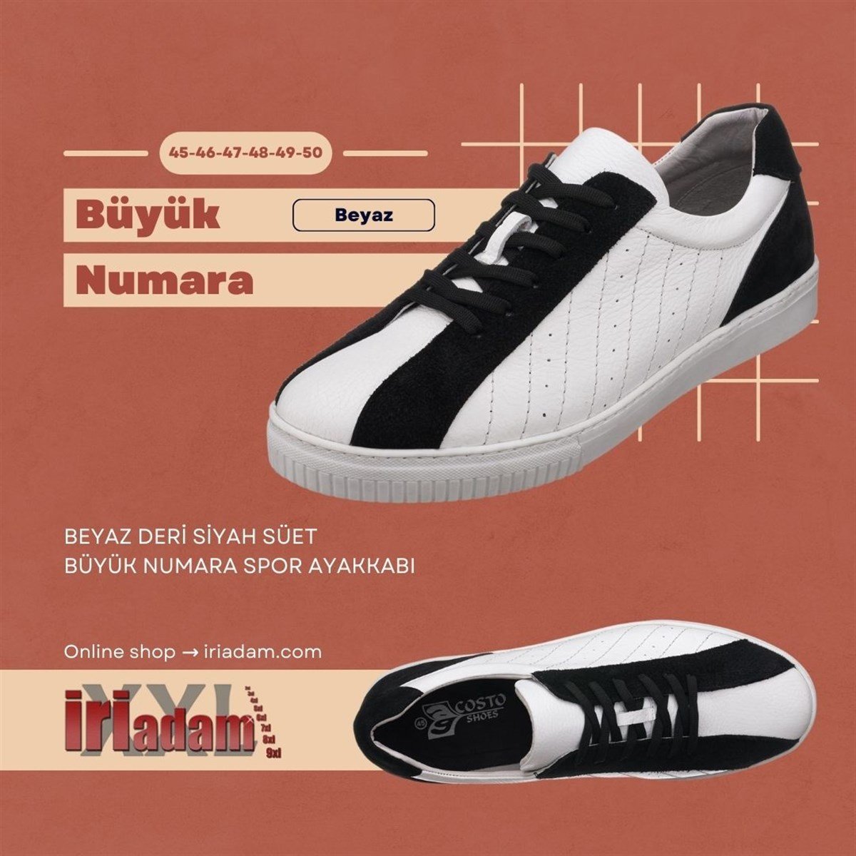 Beyaz Deri112, iriadam, 45 46 47 48 49 50 numara erkek spor deri ayakkabı, spor ayakkabı, büyük numara erkek spor, büyük beden geniş kalıp kaliteli deri spor ayakkabı, uygun fiyat