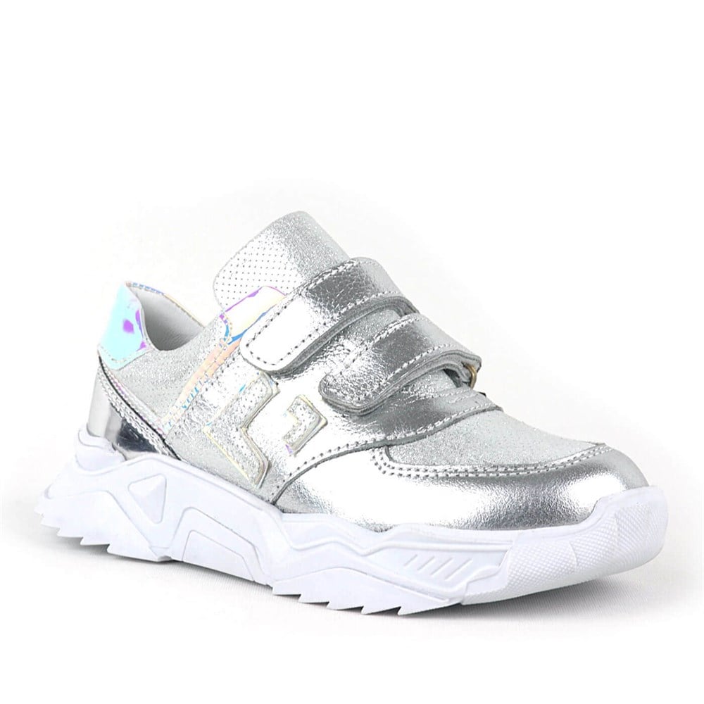 Hakiki Deri Gümüş Cırtlı Kız Çocuk Sneaker