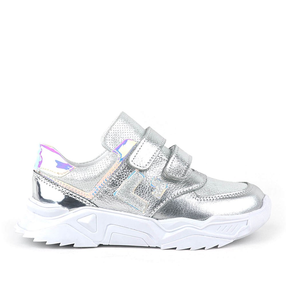 Hakiki Deri Gümüş Cırtlı Kız Çocuk Sneaker
